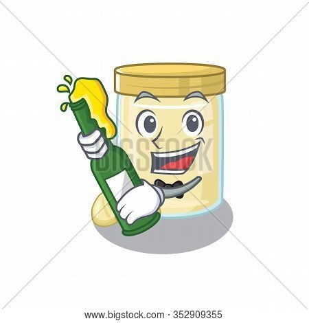 Mascot Cartoon Design Of Macadamia Nut Butter With Bottle Of Beer
