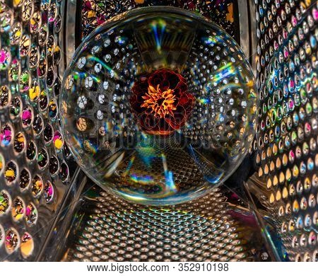 A Marigold Trapped In A Glass Globe, Which Is Also Trapped Inside A Cage