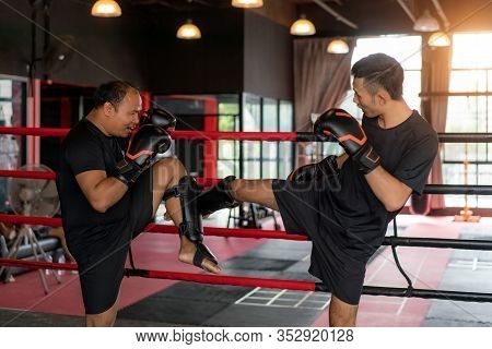 Young Asian Kick Boxer Kicking Professional Trainer In Boxing Studuim In The Background At Fitness G