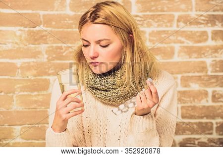 Pills For Breaking Fever. Take Medications To Reduce Fever. Headache And Fever Remedies. Woman Tousl