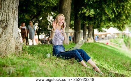 Girl Laptop Outdoors. Being Outdoors Exposes Workers To Fresher Air And Environmental Variations Mak