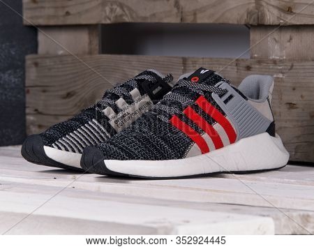 Overkill X Adidas Eqt Support Future Sneakers, Running Shoes, Trainers Close Up View, Shot On Wooden