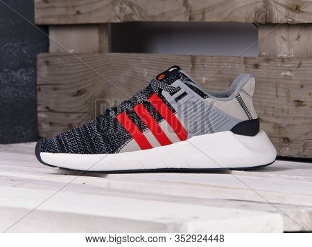 Overkill X Adidas Eqt Support Future Sneakers, Running Shoes, Trainers Close Up View, Shot On Wooden