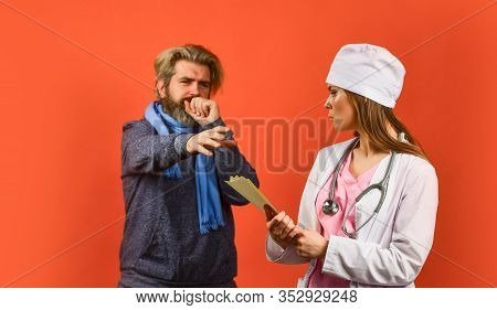 Healthy Lifestyle. At The Hospital. Doctor Examining Patient. First Symptoms Of Flu Or Virus. Prescr