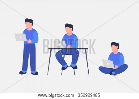 Man Work Using Laptop With Various Position Standing Sit And Sitting Cross-legged Vector