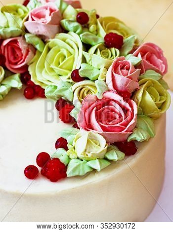 Birthday Cake With Flowers Rose On Light Background