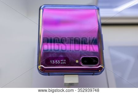 February 22, 2020, Moscow, Russia. New Folding Smartphone With A Folding Screen Samsung Galaxy Z Fli