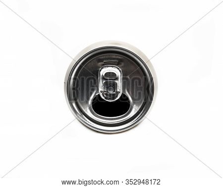 Top View Of A Opened Beer Can Isolated On White Background.