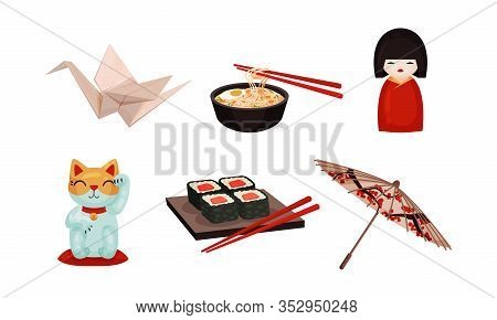Japan Landmarks With Sushi And Origami Art Vector Set