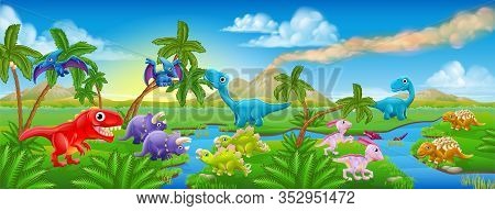 A Cartoon Jurassic Scene Landscape With Lots Of Cute Friendly Dinosaurs Characters