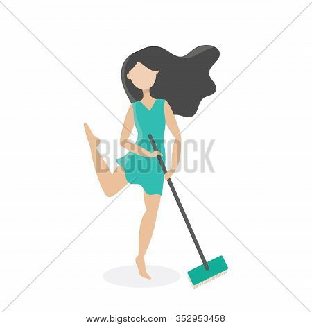Young Housewife Woman Dancing With A Mop.household Chores, Floor Cleaning.flat Vector Isolated Illus