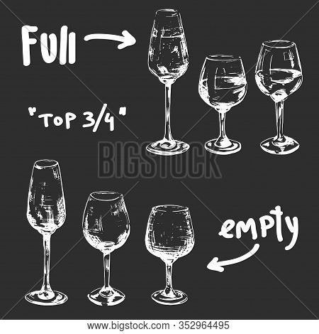 Set Of Different Glasses Ful And Empty, White Chalk Illustration In Wine Theme In Perspective View