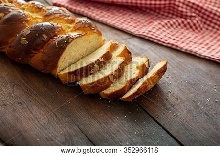 Easter Greek Tsoureki Braid, Sweet Bread Brioche On Wood