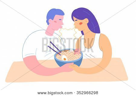 Noodle Kiss, Couple Eating Ramen, Holding Hands In Cafe, Cute Flat Illustration, Isolated Vector Dra
