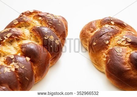 Easter Greek Tsoureki Braid, Sweet Bread Brioche Isolated On White