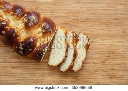 Easter Greek Tsoureki Braid, Sweet Bread Brioche On Wood