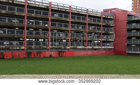 Dusseldorf, Germany - February 20, 2020. Siegstrasse Covered Underground Car Park In Dusseldorf Near
