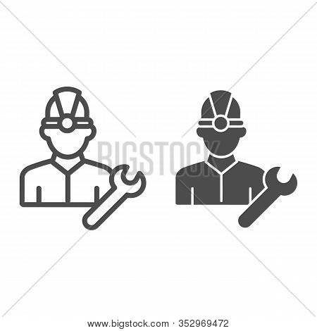 Fuel Engineer Line And Solid Icon. Oil Miner Man, Construction Worker In Helmet With Wrench. Oil Ind