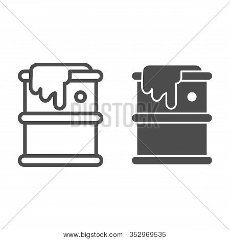 Fuel Barrel Line And Solid Icon. Leaking Chemical Metal Can, Dropped Drum Container. Oil Industry Ve