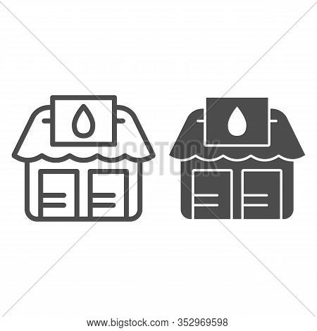 Point Of Fuel Products Sale Line And Solid Icon. Store Selling Gas, House With Drop On Signboard. Oi