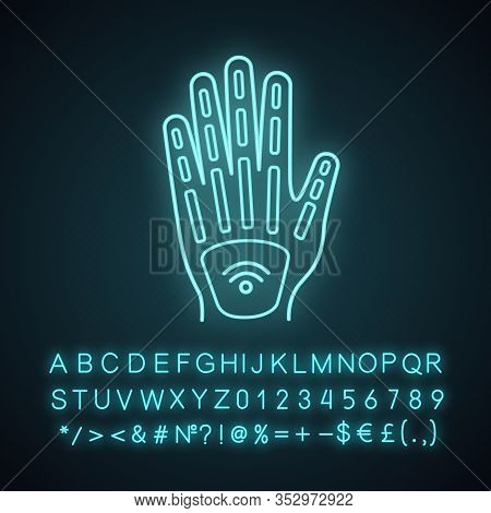 Human Microchip Implant In Hand Neon Light Icon. Nfc Implant. Implanted Rfid Transponder. Glowing Si