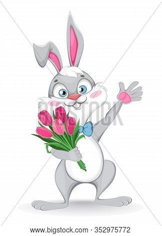 Happy Easter Greeting Card. Funny Cartoon Rabbit Holds A Bouquet Of Tulips. Stock Vector Illustratio