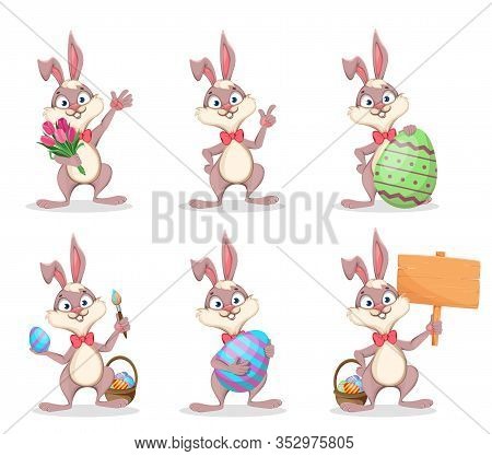 Happy Easter, Cute Bunny. Funny Cartoon Rabbit, Set Of Six Poses. Stock Vector Illustration On White
