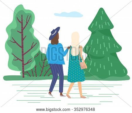 Women Walking In Park. Female Characters Strolling In Summer Forest Talking, People Spending Weekend