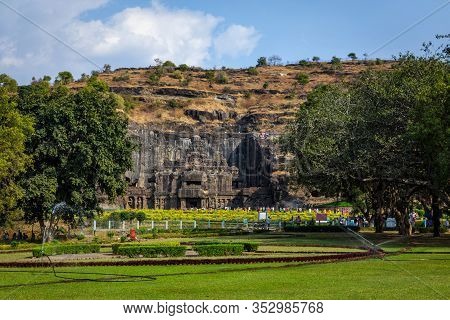Kailash Temple In Ellora. General View Of The Temple From The Entrance. The Kailash Temple Is A Stan
