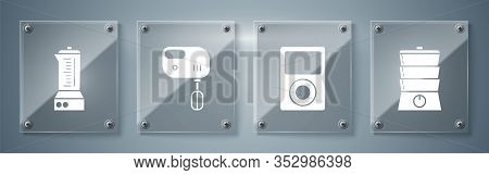Set Double Boiler , Music Player , Electric Mixer And Blender . Square Glass Panels. Vector