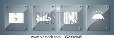 Set Umbrella And Rain Drops , Wooden Box , Cargo Ship With Boxes Delivery Service And Cardboard Box 