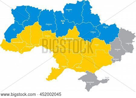 Geographical Map Of Ukraine With The Borders Of Its Constituent Regions And The Names Of The Main Ci