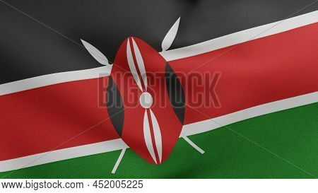 National Flag Of Kenya Waving 3d Render, Republic Of Kenya Flag Textile With Maasai Shield, Coat Of 