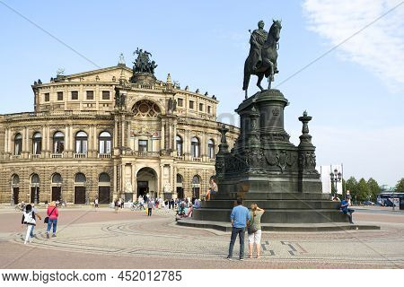 Dresden, Germany - September 23, 2020 : Semperoper, Famous Opera House And Equestrian Statue Of King