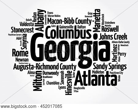 List Of Cities In Georgia Usa State, Word Cloud Concept Background