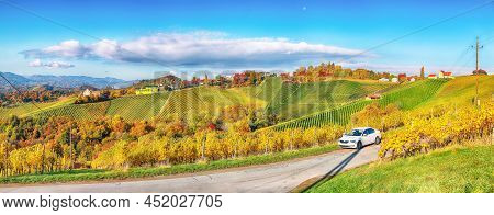 Breathtaking Vineyards Landscape In South Styria Near Gamlitz. Autumn Scene Of Grape Hills In Popula