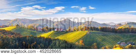 Stunning Vineyards Landscape In South Styria Near Gamlitz. Autumn Scene Of Grape Hills In Popular Tr