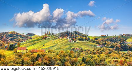 Spectacular Vineyards Landscape In South Styria Near Gamlitz. Autumn Scene Of Grape Hills In Popular