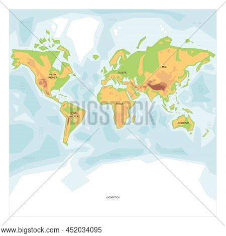 Simplified Physical Map Of World. Colorful Height Layers And Water Bathymetry. Vector Map.