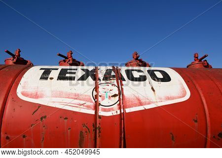 Rollag, Minnesota, Sept 4. 2021: The Old Texaco Sign And Tank  Is Displayed At The West Central Stea