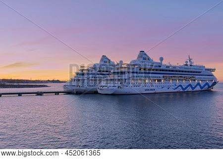 Tallinn, Estonia -march 05, 2022: Aida Cruise Ship At Sunset Time In Harbour. Aida Luxury Liner At W