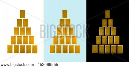 Three Identical Golden Pyramids, Isolated, On Different Backgrounds, Light To Dark.
