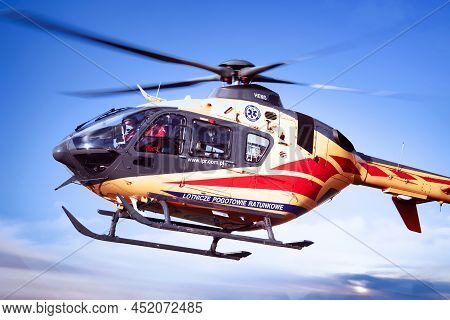 Pniewy, Poland - June 22, 2020. A Helicopter Of The Polish Medical Air Rescue (