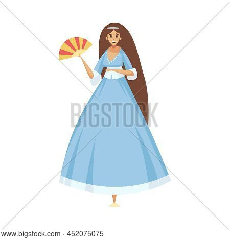 Happy Long Haired Pricess Wearing Blue Dress With Fan Fairy Tale Character Flat Vector Illustration