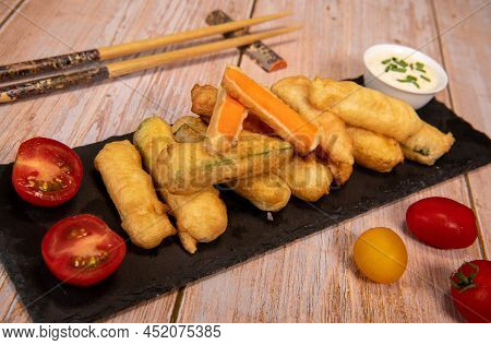 Crispy Vegetable Tempura Recipe, Vegetable Fritters. High Quality Photo