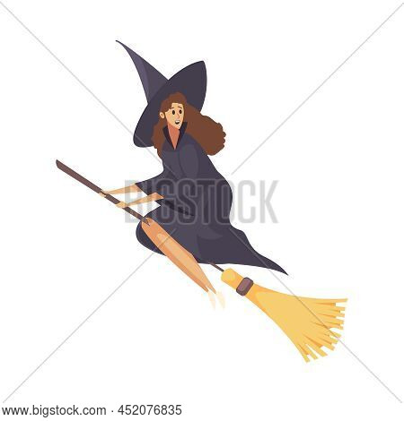 Smiling Witch Wearing Hat Flying On Broom Flat Vector Illustration