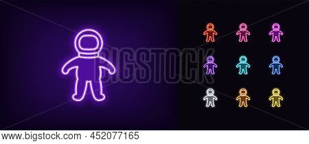 Outline Neon Astronaut Icon. Glowing Neon Spaceman Sign, Cosmonaut Pictogram In Vivid Colors. Space 