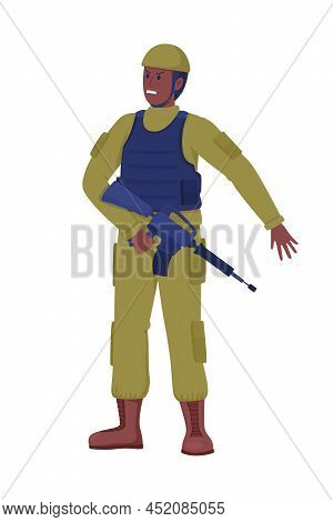 Fighter With Carbine Semi Flat Color Vector Character. Standing Figure. Full Body Person On White. M