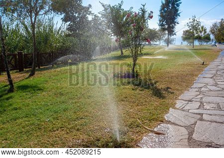 Irrigation System Sprays Water In Motion Blur On Trees And Green Grass. Walkway Paved With Stones. H