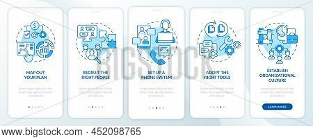 Steps To Start Virtual Office Blue Onboarding Mobile App Screen. Walkthrough 5 Steps Graphic Instruc